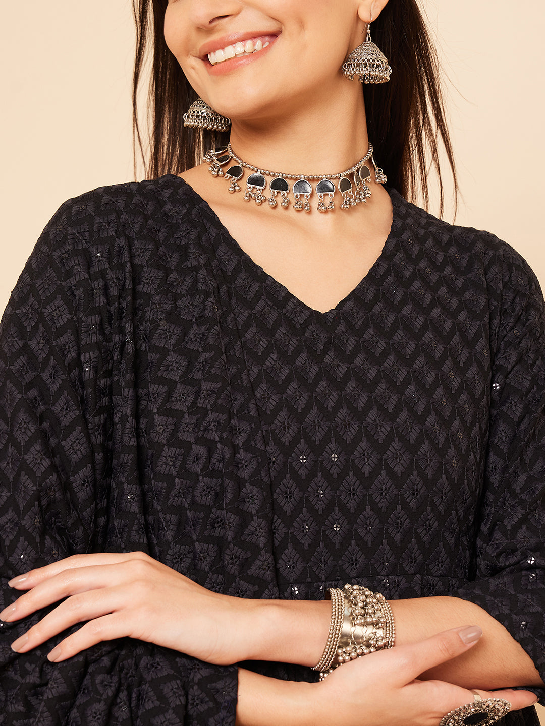 InWeave Women's Black Chikankari Long Anarkali Kurta Sharara Set W Dupatta | Grocsy