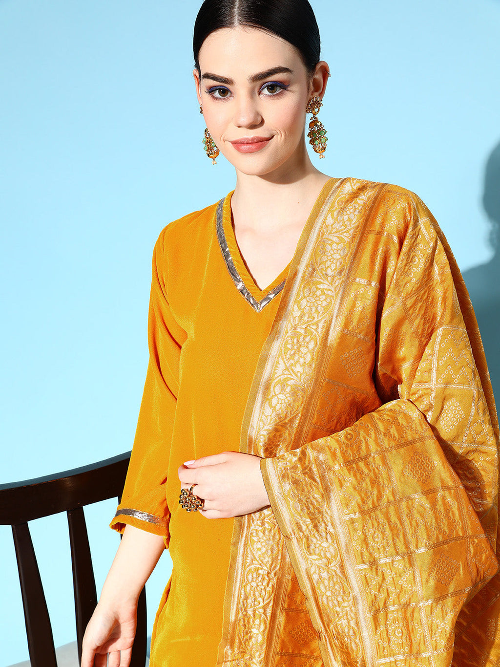 InWeave Women's Mustard Velvet Kurta Set With Mustard Gold Dupatta | Grocsy