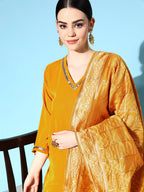 InWeave Women's Mustard Velvet Kurta Set With Mustard Gold Dupatta | Grocsy