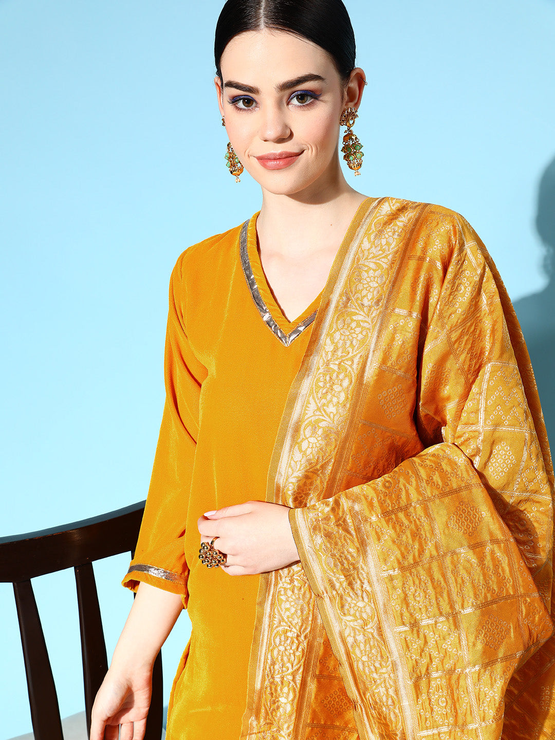InWeave Women's Mustard Velvet Kurta Set With Mustard Gold Dupatta | Grocsy