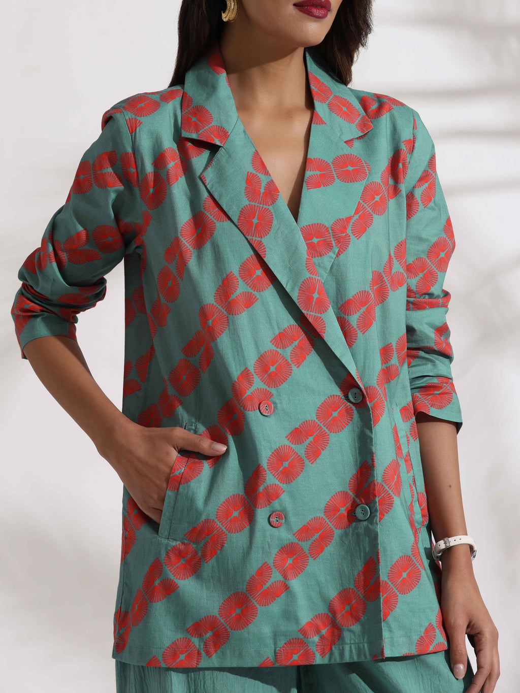 trueBrowns Green Cotton Print Jacket Top Co-ord Set | Grocsy