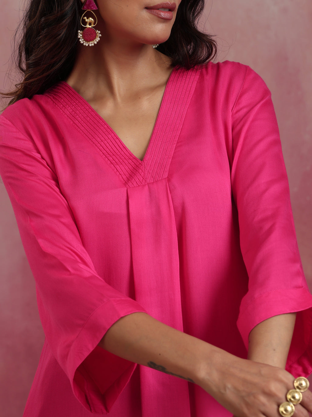 trueBrowns Pink Modal Boxpleat Kurta Set | Grocsy