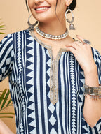 InWeave Women's White Navy Stripe Print Gota Straight Kurta | Grocsy