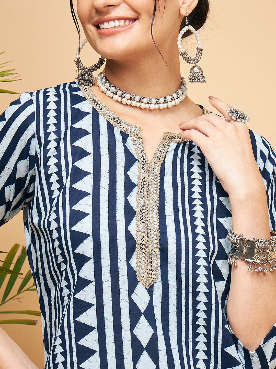 InWeave Women's White Navy Stripe Print Gota Straight Kurta | Grocsy
