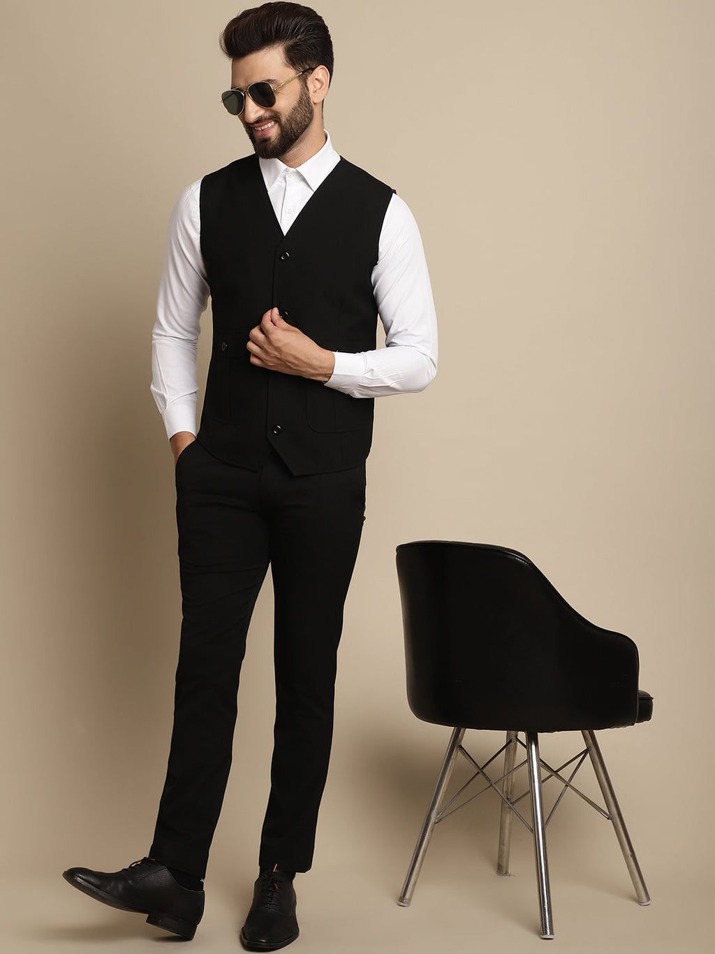 Even Apparels Men's Black Waistcoat With Patch Pocket | Grocsy