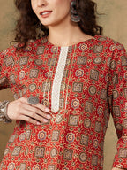 InWeave Women's Maroon Ethnic Print Lace Gota Work Straight Kurta | Grocsy