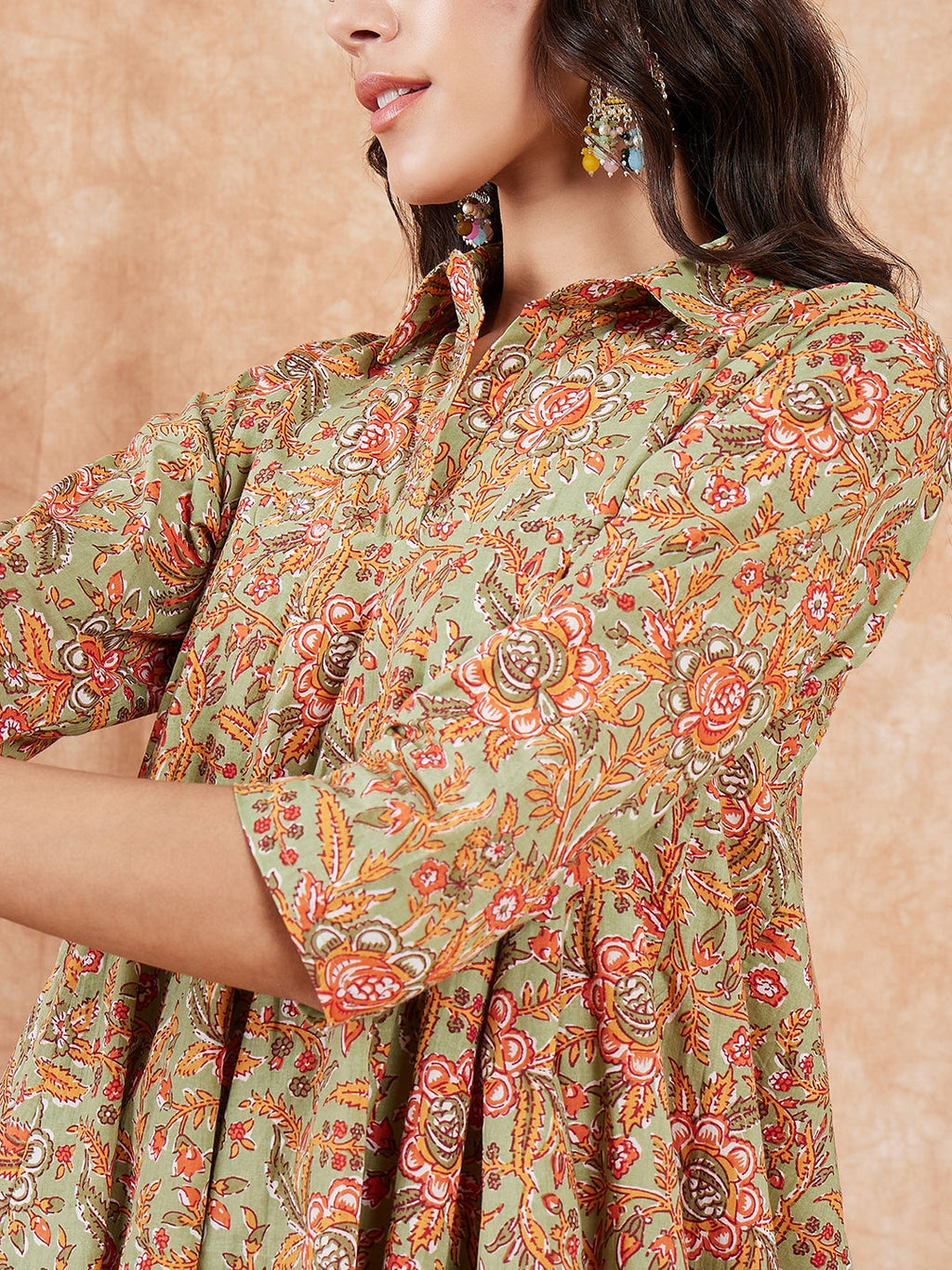 InWeave Women's Pear Green Orange Floral Print Flared Kurta Pant Set | Grocsy