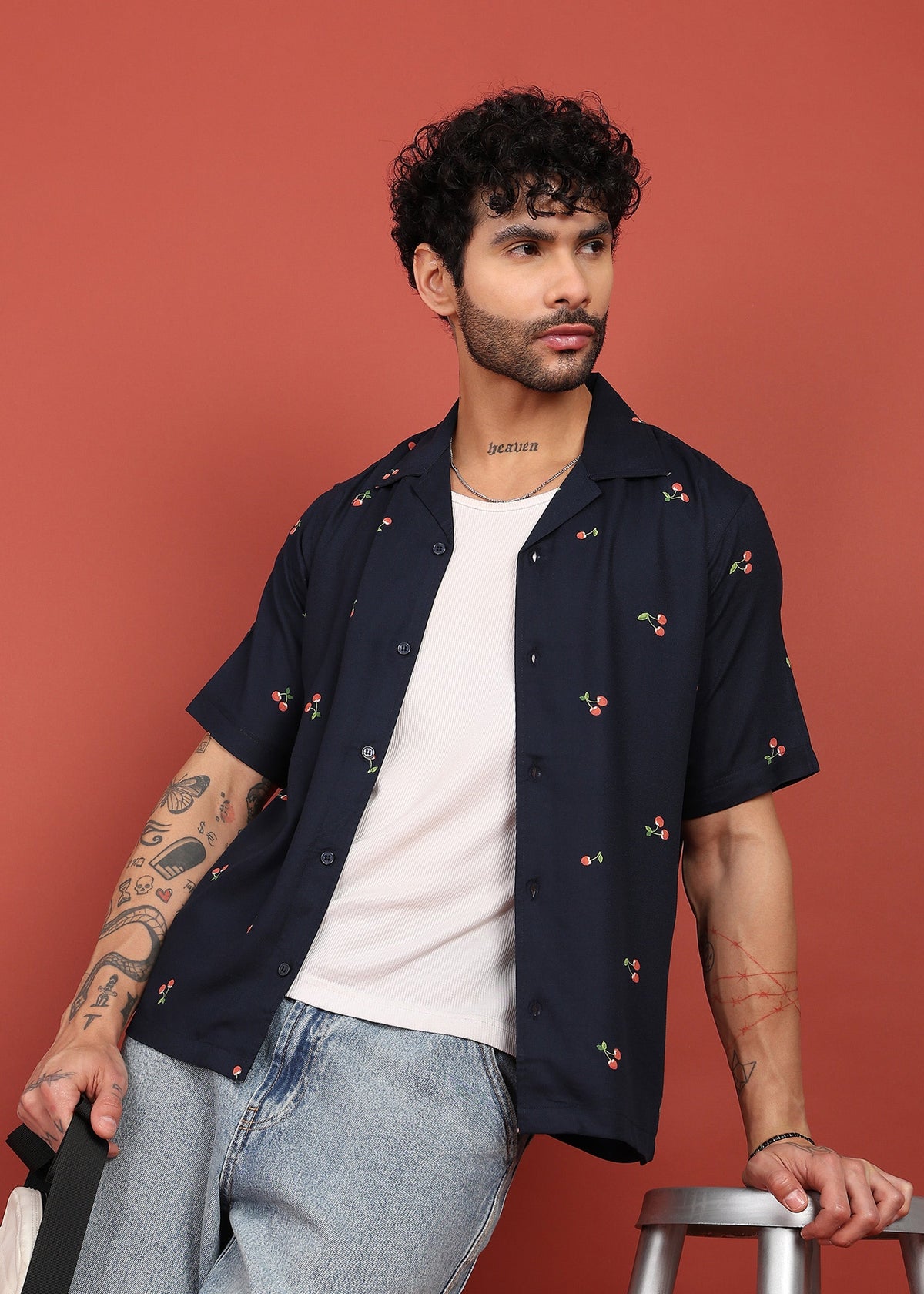 Fabmade Midnight Cherry Printed Cuban Collar Shirt | Grocsy