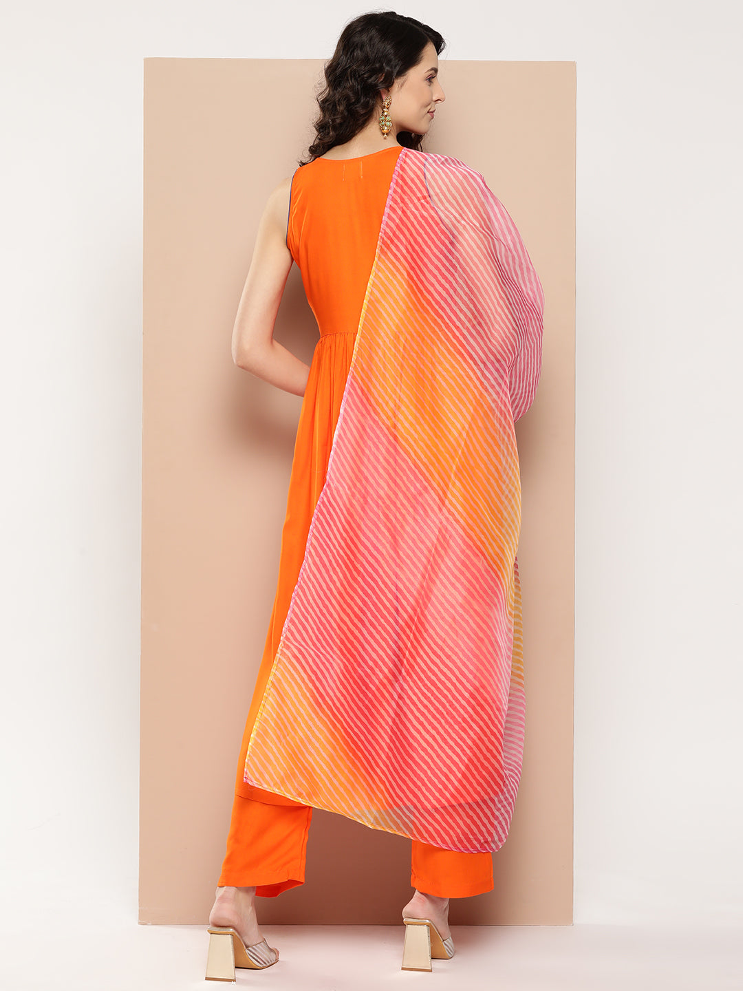 InWeave Women's Orange Mirror Work Aline Strappy Kurta Set W Pink Yellow Leh Dupatta | Grocsy