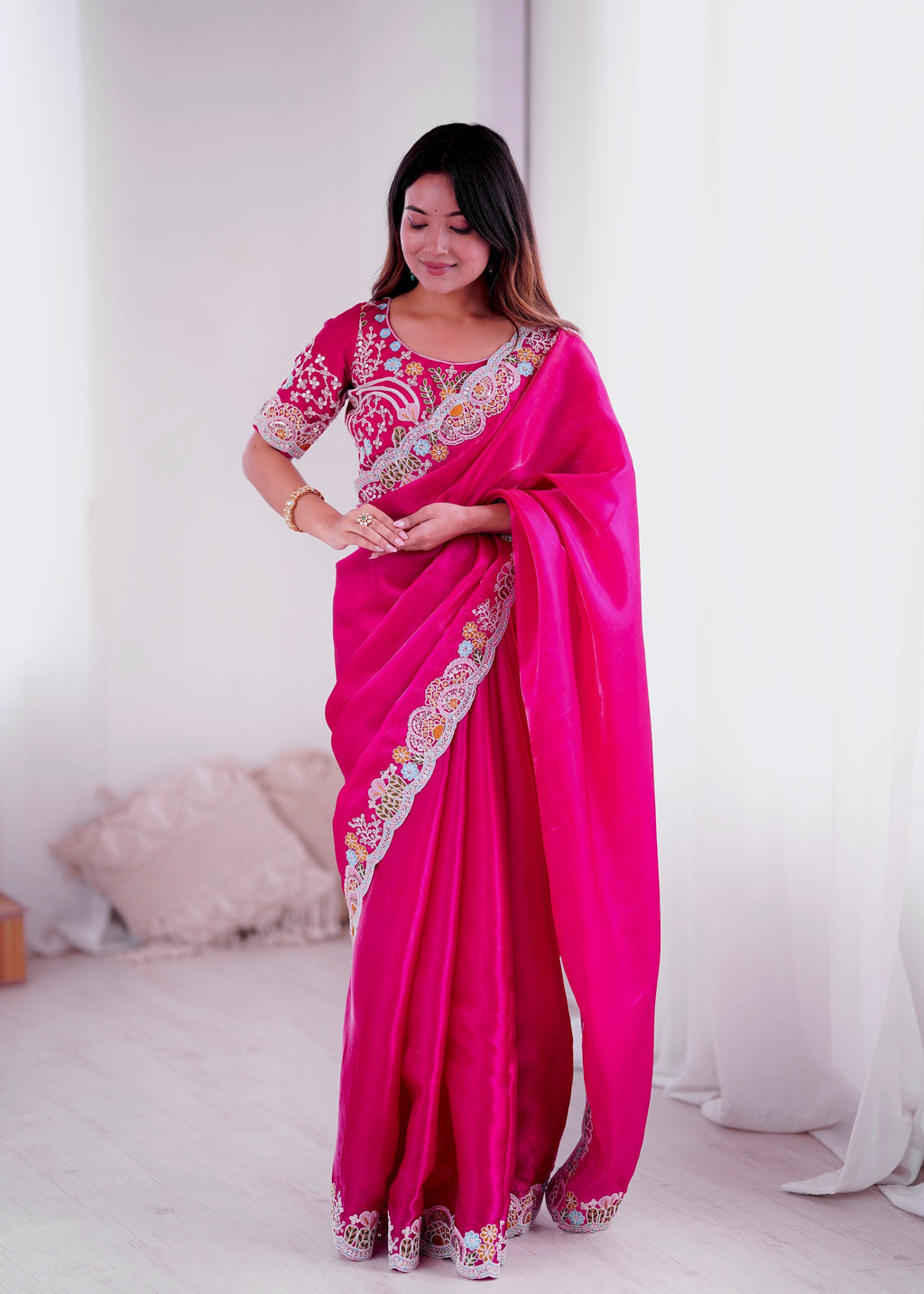 Lorenvalley Fashion Magenta Jimmy Choo with Embroidery Threads Codding & Sequins Work Saree with Blouse | Grocsy