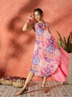 InWeave Purple Floral Peach Asymmetrical Dress | Grocsy