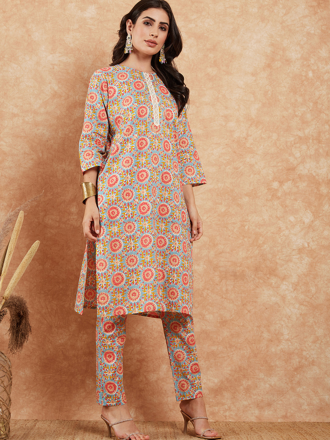 InWeave Women's Light Blue Floral Jaal Gota Work Straight Kurta Pant Set | Grocsy