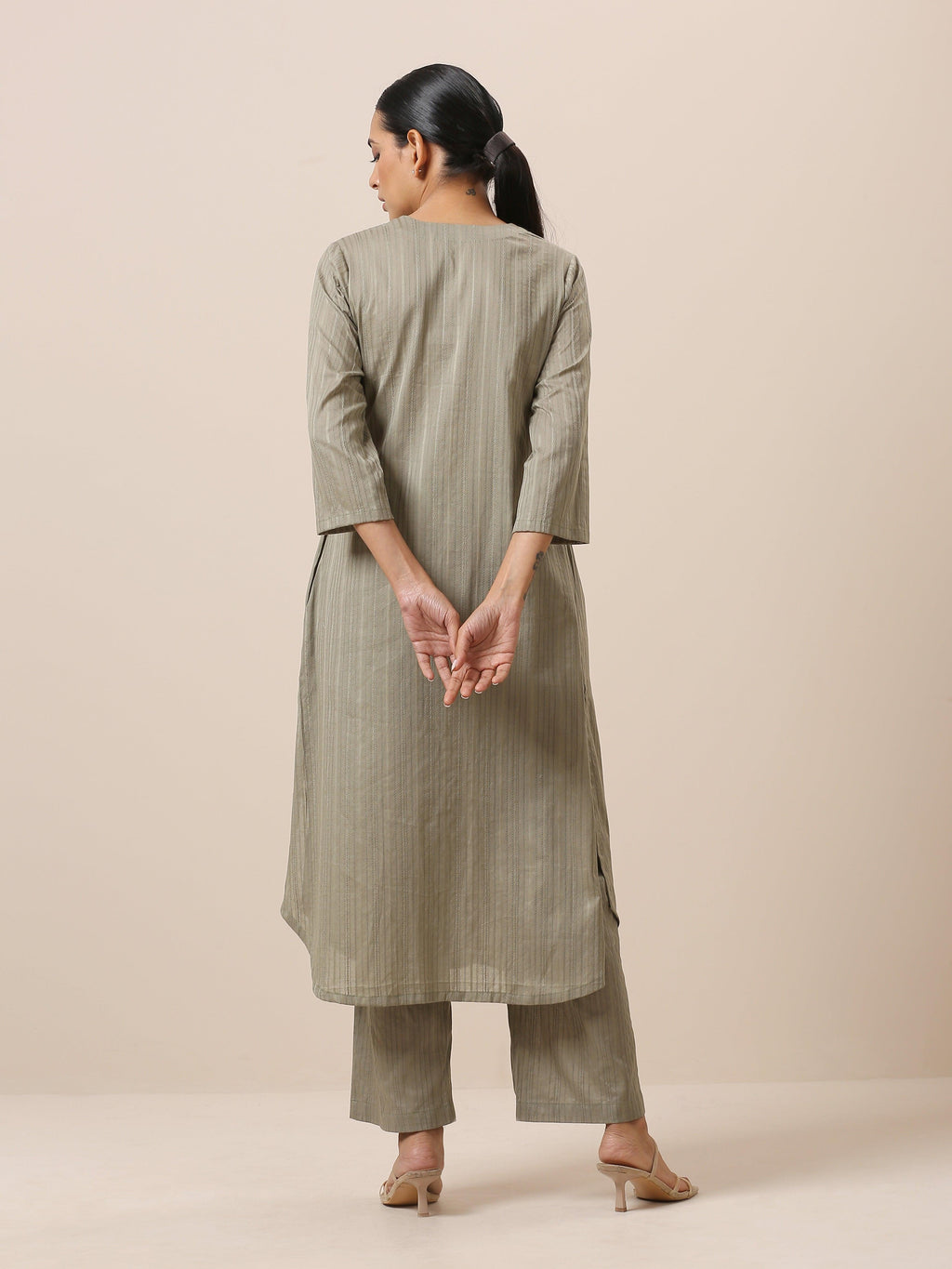trueBrowns Cotton Olive Green Flared Slit Kurta Pant Set | Grocsy
