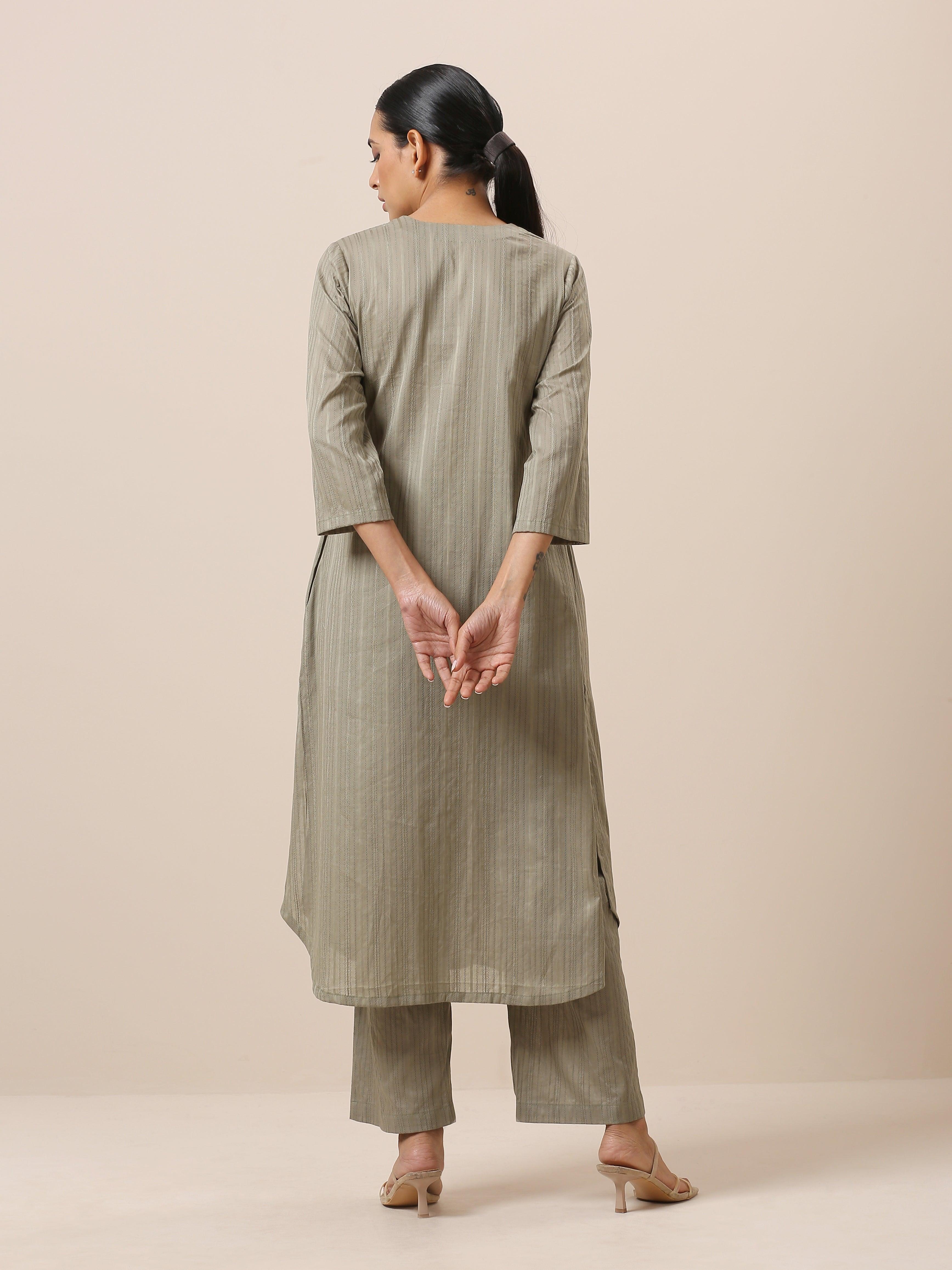 trueBrowns Cotton Olive Green Flared Slit Kurta Pant Set | Grocsy