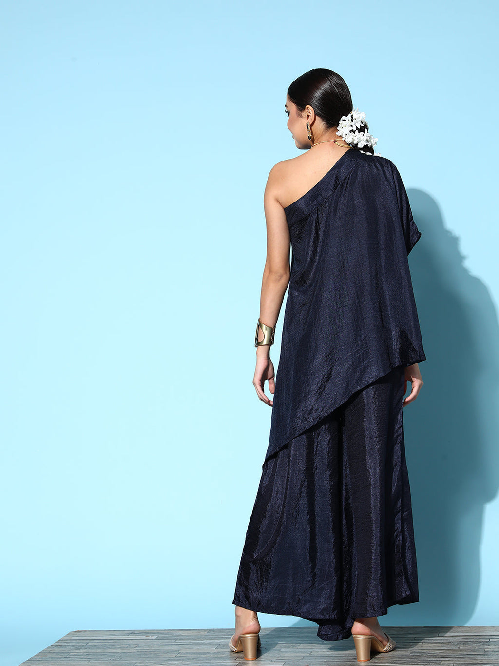 InWeave Women's Navy One Shoulder Kurta Set With Gota Work | Grocsy