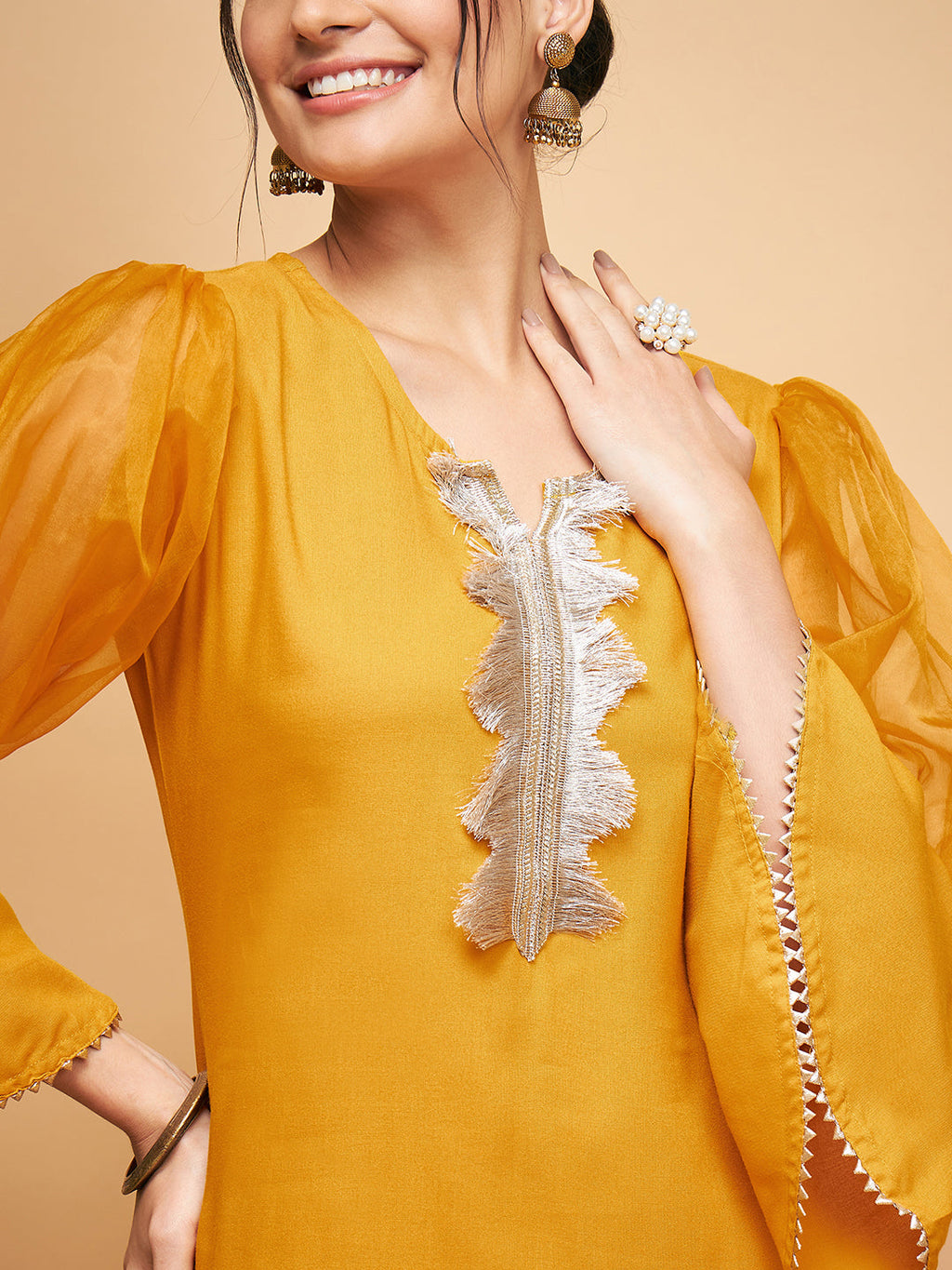 InWeave Women's Mustard Organza Sleeve Kurta Set | Grocsy