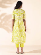 trueBrowns Lime Cotton Ikat Kurta Pant Set | Grocsy