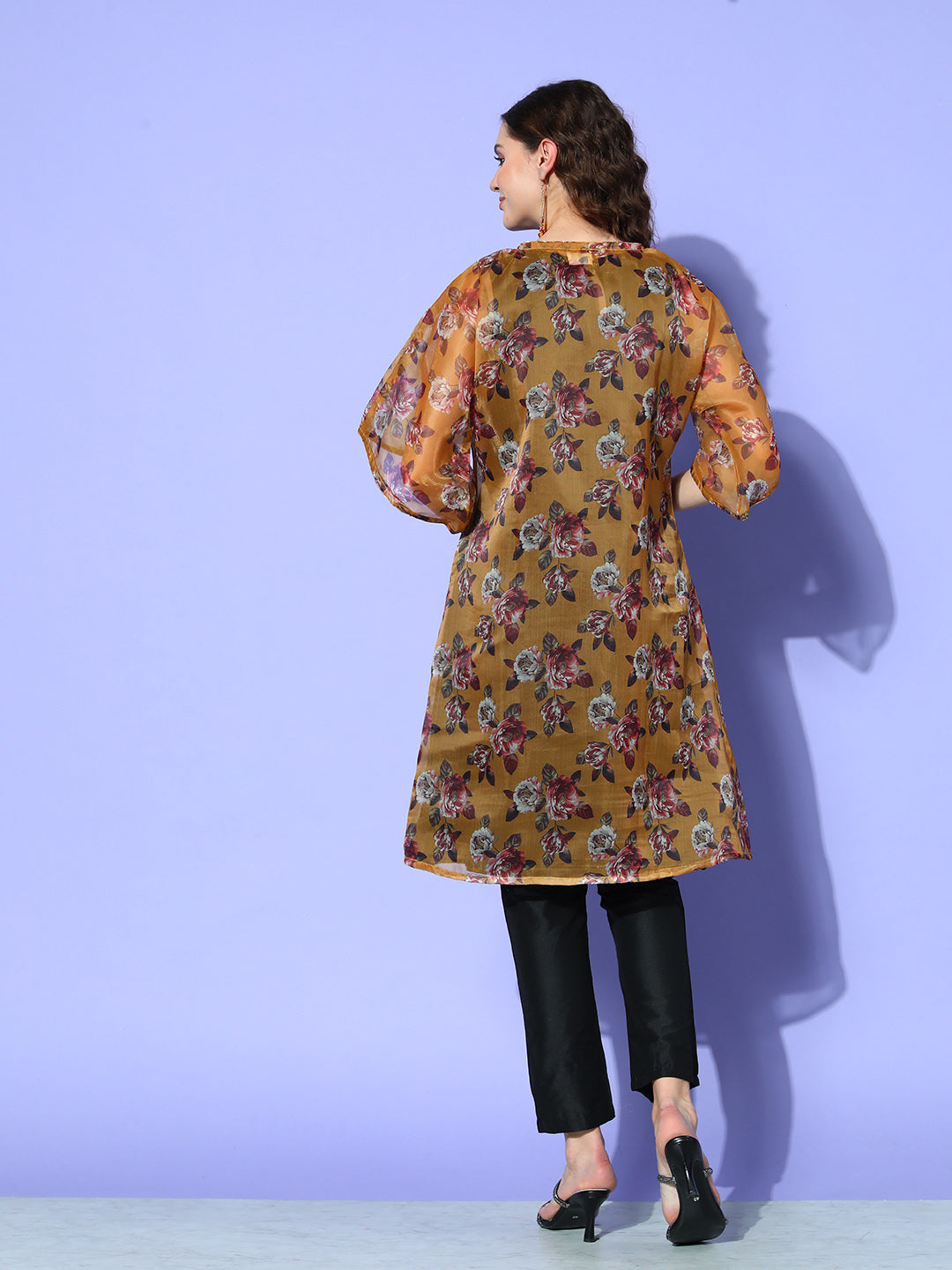 InWeave Women's Camel Brown White Rose Chintz Organza Cape | Grocsy