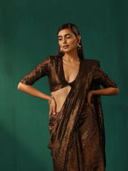 trueBrowns Black Cotton Gold Lurex Striped Ready to Wear Saree | Grocsy