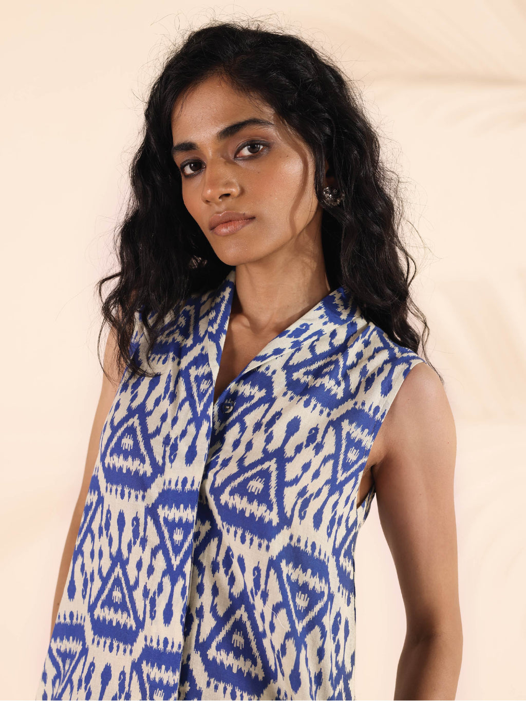 trueBrowns Blue Cotton Ikat Sleeveless Co-ord Set | Grocsy