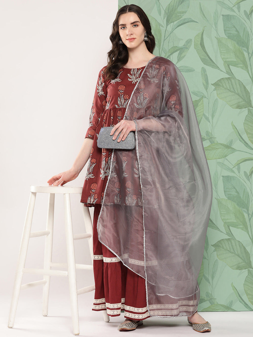 InWeave Women's Brick Rust Boota Sharara Set With Dupatta | Grocsy