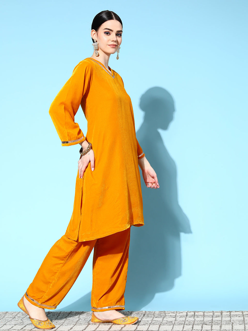 InWeave Women's Mustard Velvet Kurta Set With Mustard Kota Bandhani Dupatta | Grocsy