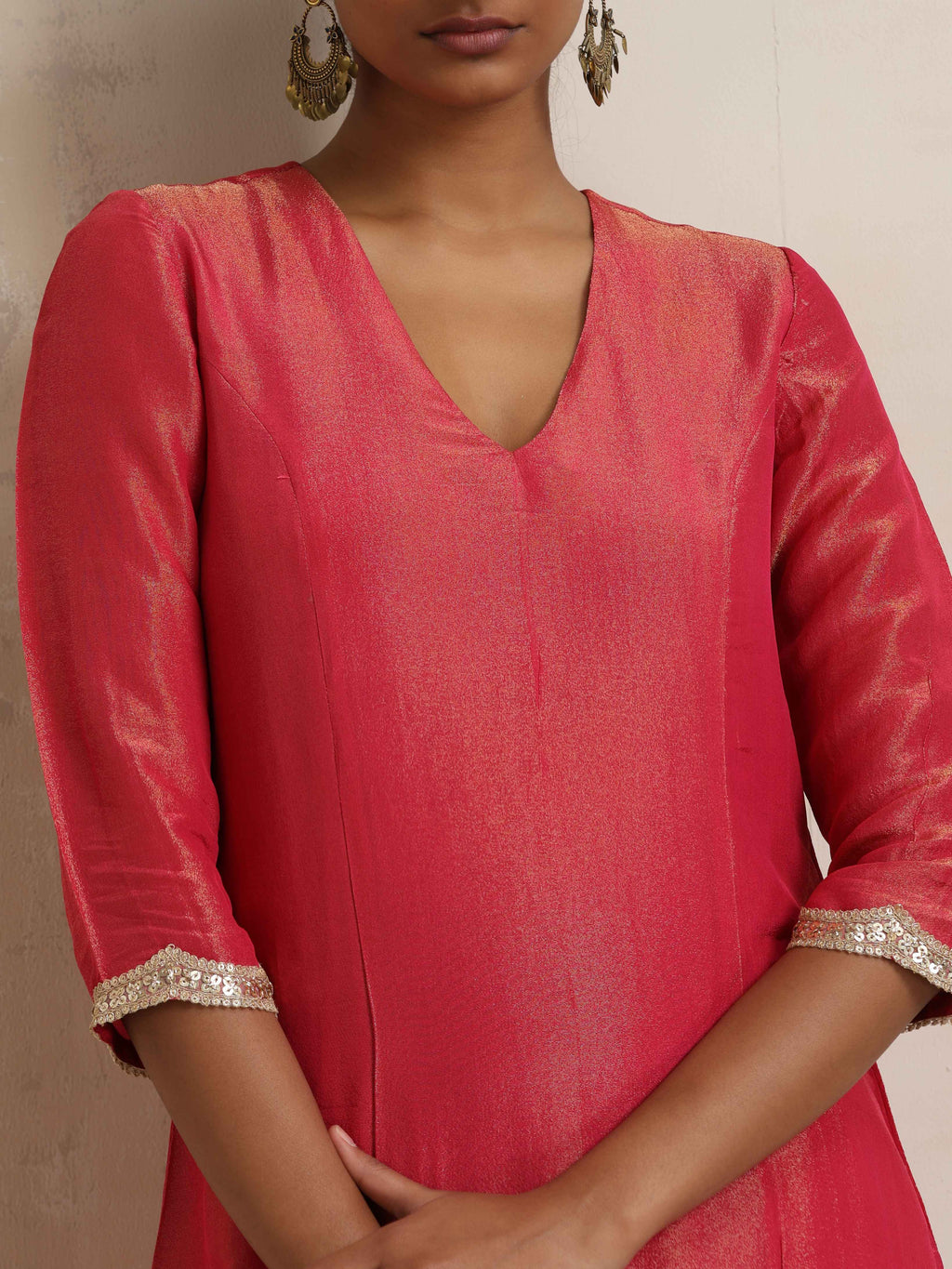 trueBrowns Hot Pink Tissue Straight Kurta Set | Grocsy