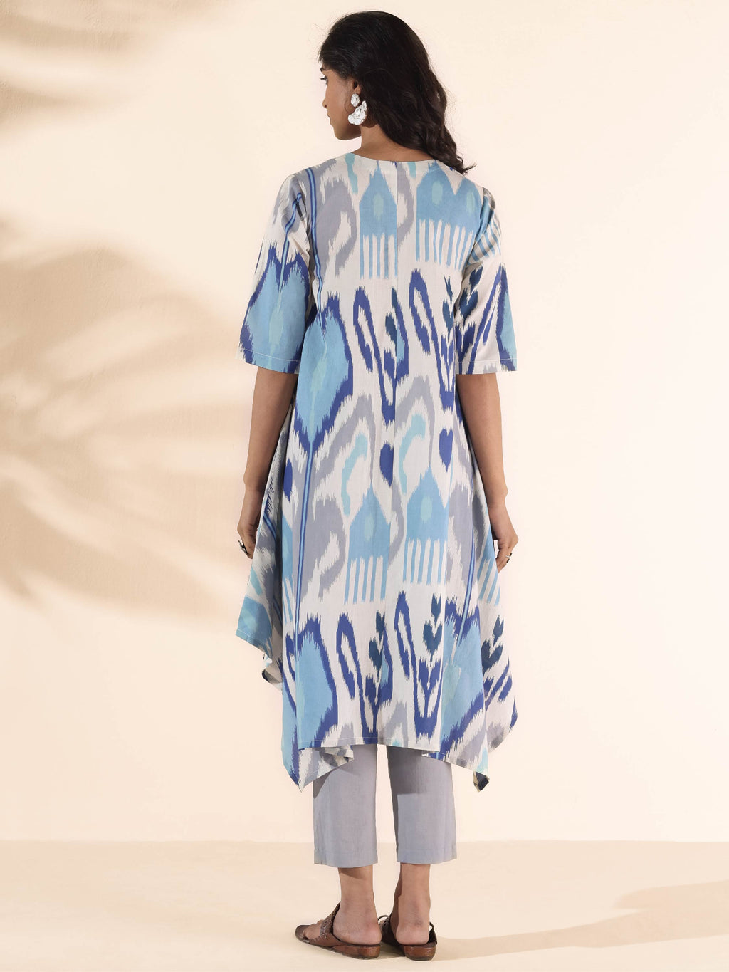 trueBrowns Blue Cotton Ikat Flared Kurta Pant Set | Grocsy
