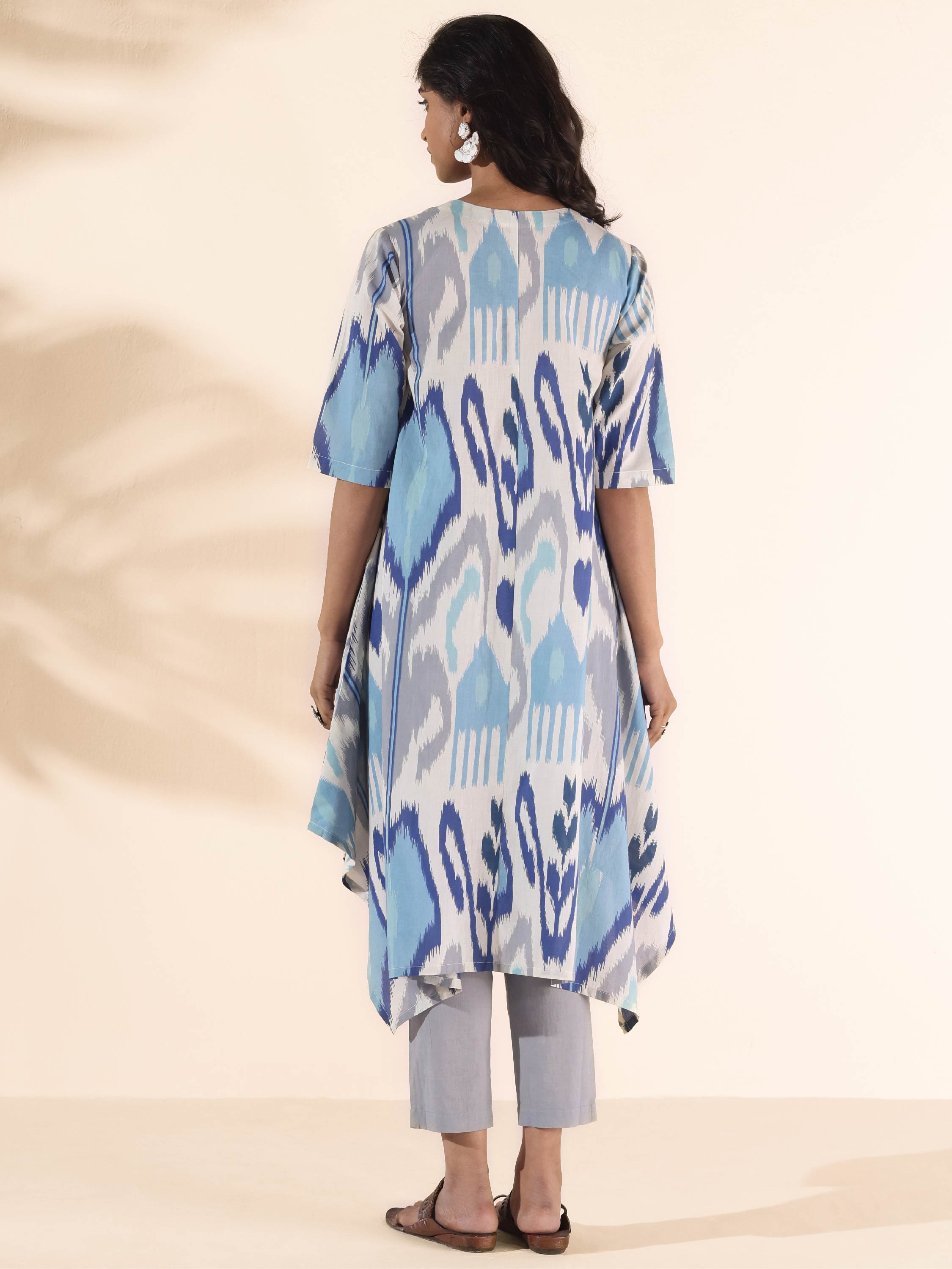 trueBrowns Blue Cotton Ikat Flared Kurta Pant Set | Grocsy