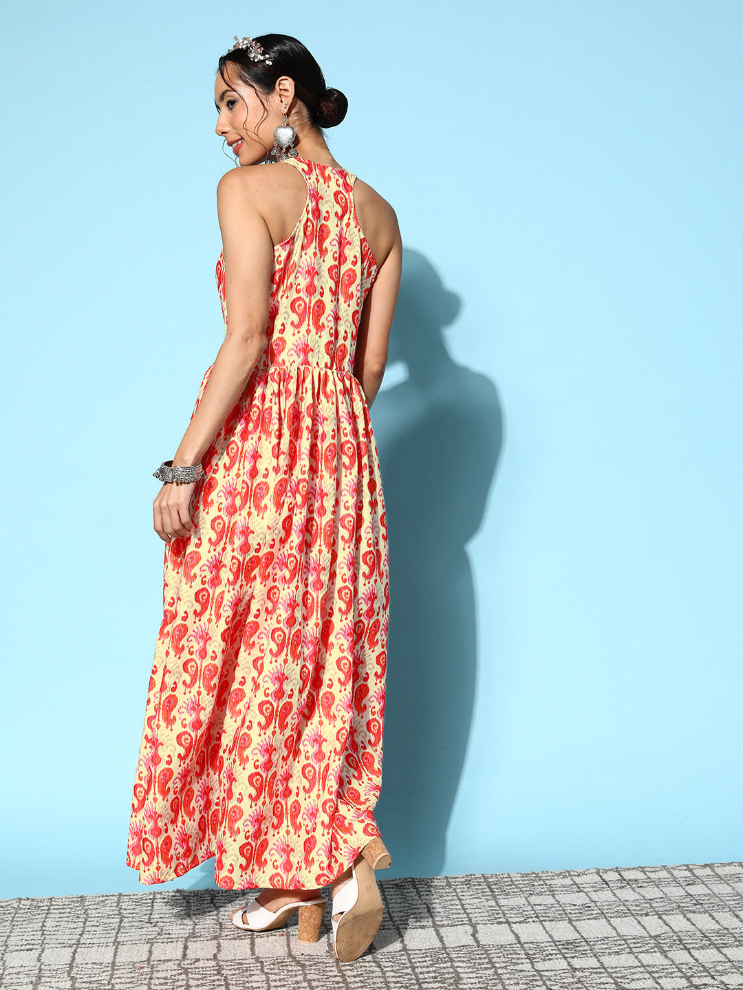 InWeave Women's Orange Paisley Print Raisa Back Detail Dress | Grocsy