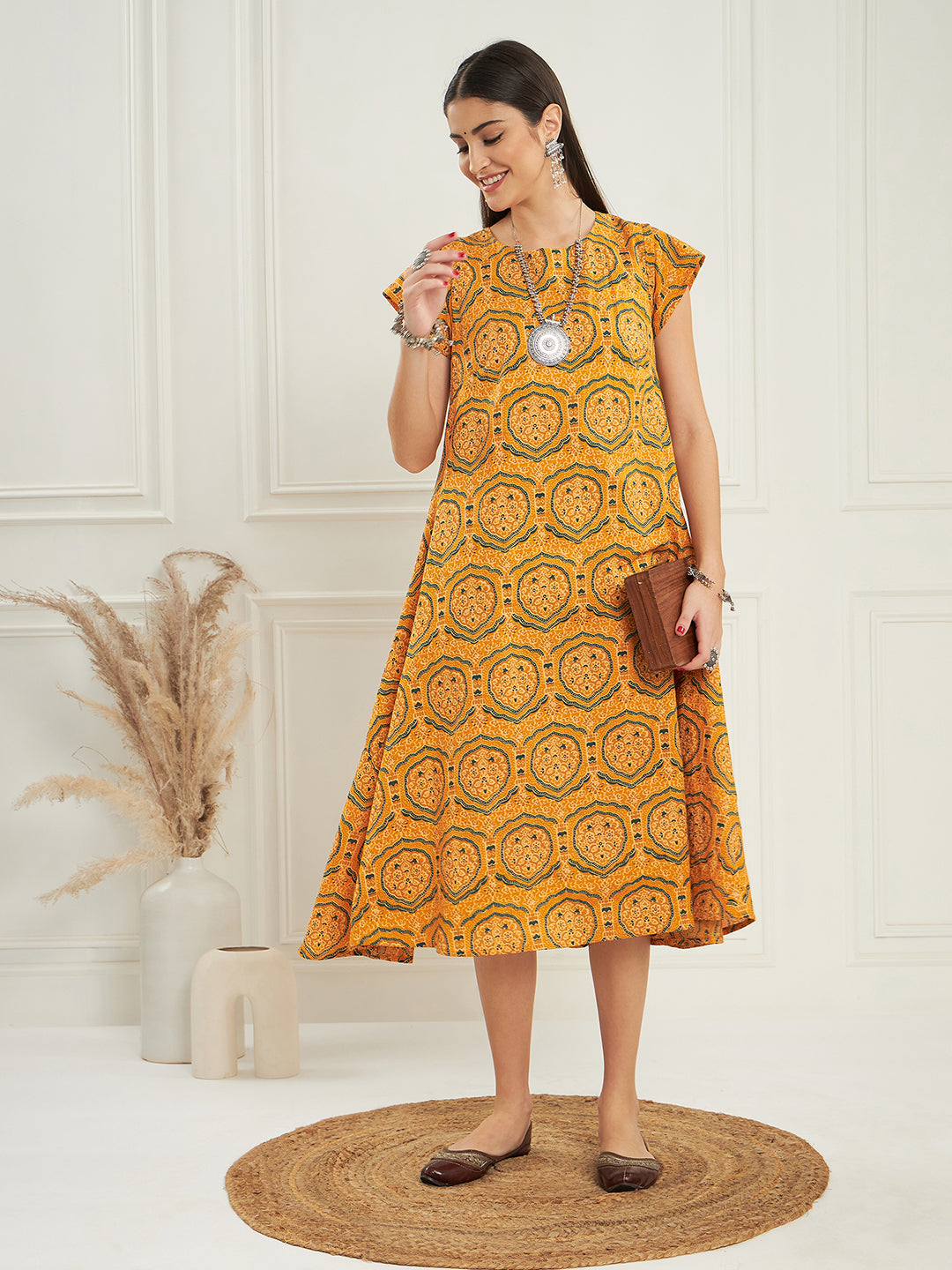 InWeave Women's Haldi Yellow Mughal Kalamkari A Line Dress | Grocsy