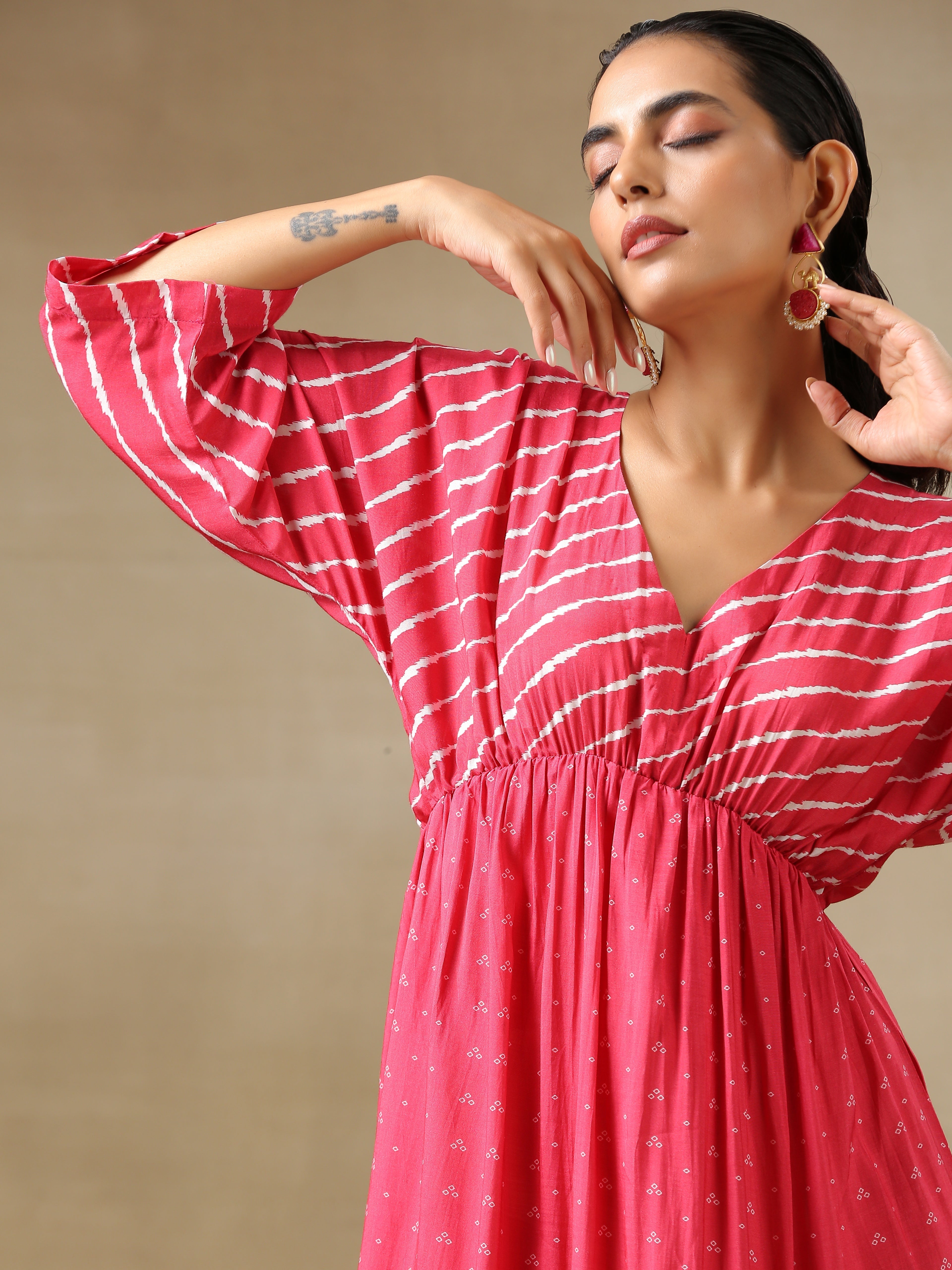 trueBrowns Pink Bandhani Printed Silk Drop Shoulder Dress | Grocsy
