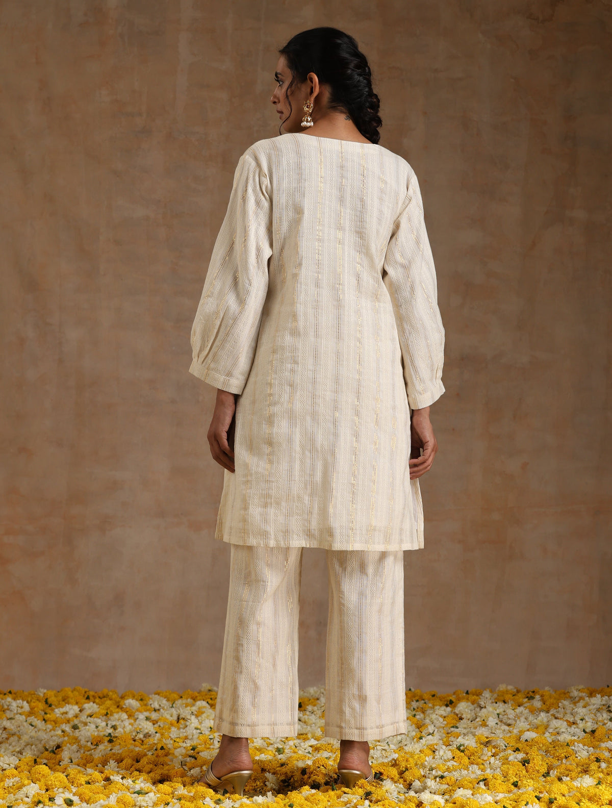 trueBrowns Ivory Gold Cotton Relaxed Co-Ord Set | Grocsy