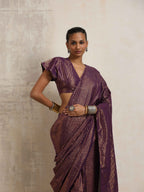 trueBrowns Purple Gold Metallic Ready To Wear Saree | Grocsy