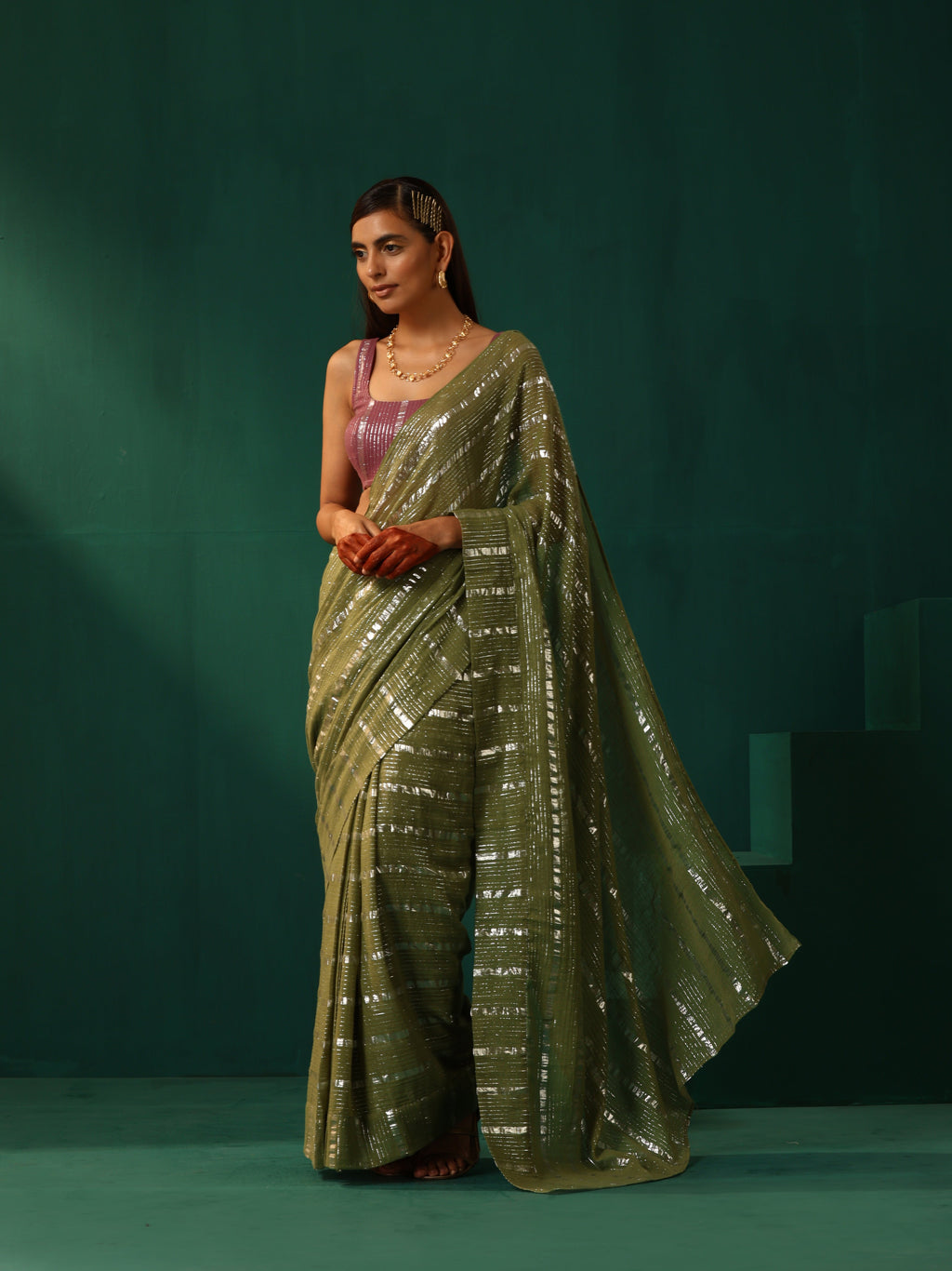 trueBrowns Sage Green Cotton Silver Lurex Striped Ready to Wear Saree | Grocsy