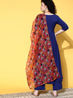InWeave Women's Ink Blue Long Anarkali Kurta Set With Red Rose Organza Dupatta | Grocsy