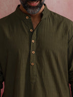 trueBrowns Men's Olive green Mandarin Collar Kurta | Grocsy