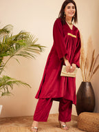 InWeave Women's Barn Red V Neck Asymmetrical Pleated Velvet Kurta Set | Grocsy