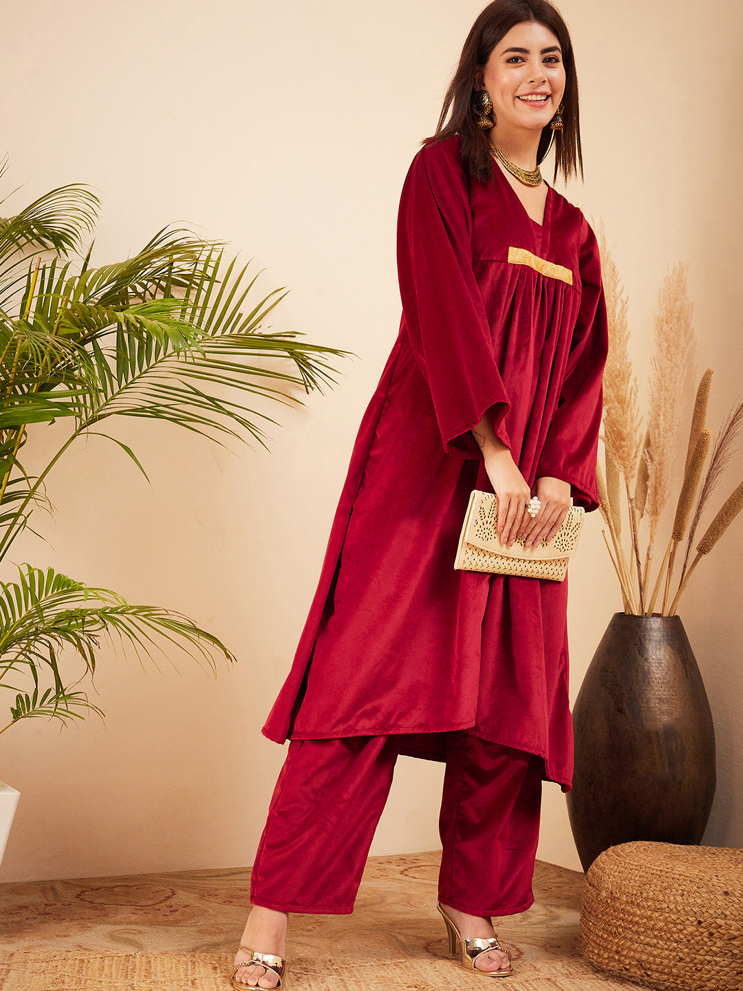 InWeave Women's Barn Red V Neck Asymmetrical Pleated Velvet Kurta Set | Grocsy