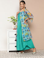 InWeave Women's Teal Blue Strappy Set With Blue Yellow Floral Cape | Grocsy