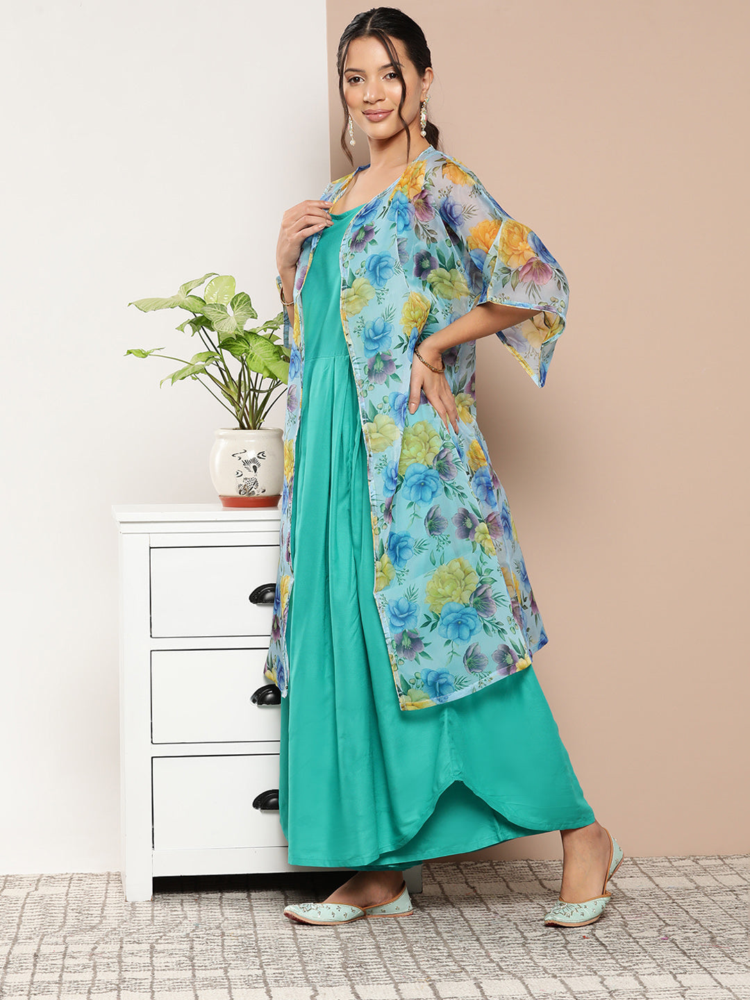 InWeave Women's Teal Blue Strappy Set With Blue Yellow Floral Cape | Grocsy