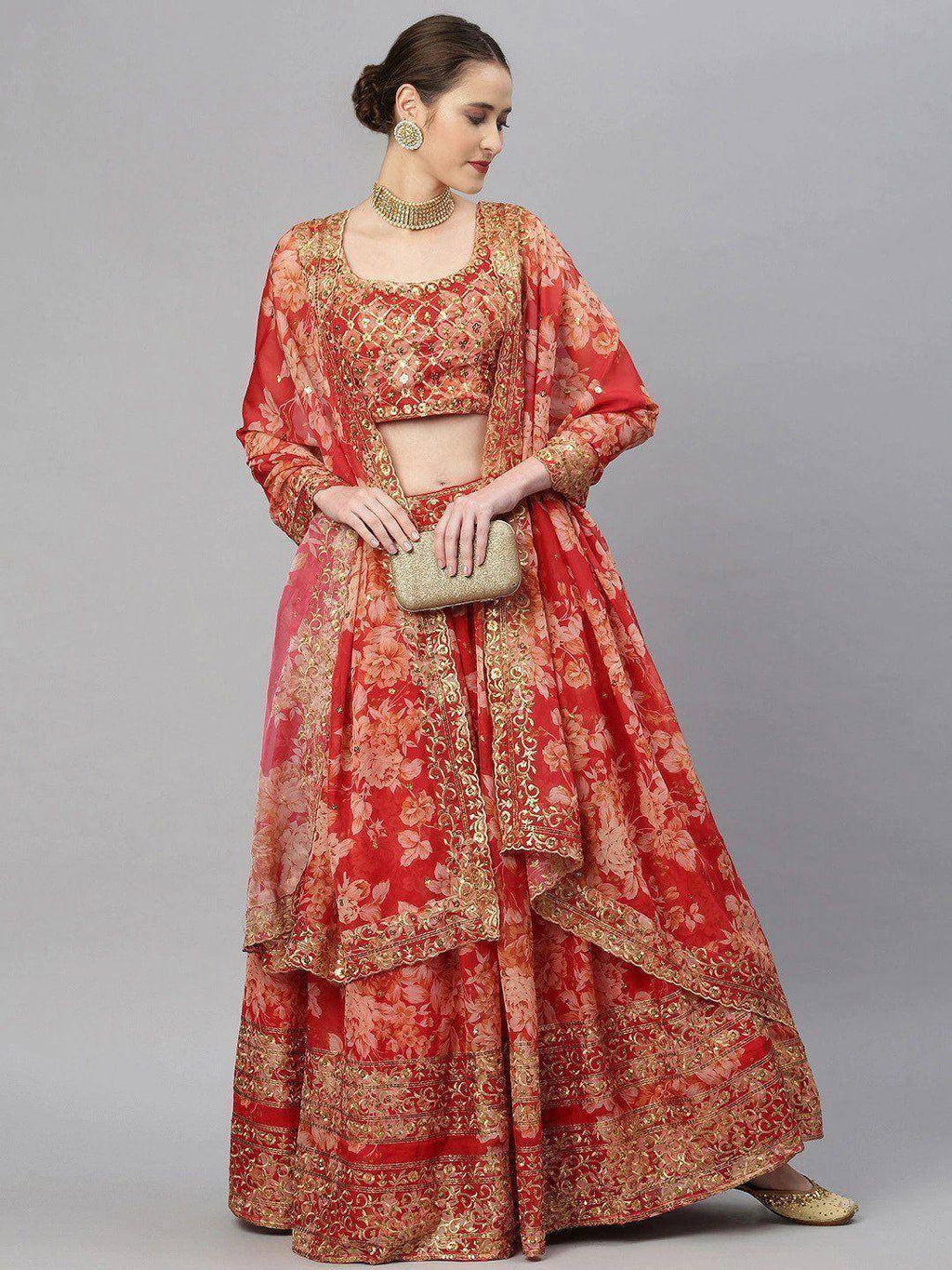 Tulsi Art Red & Gold-Toned Embellished Sequinned Semi-Stitched Myntra Lehenga & Unstitched Blouse | Grocsy