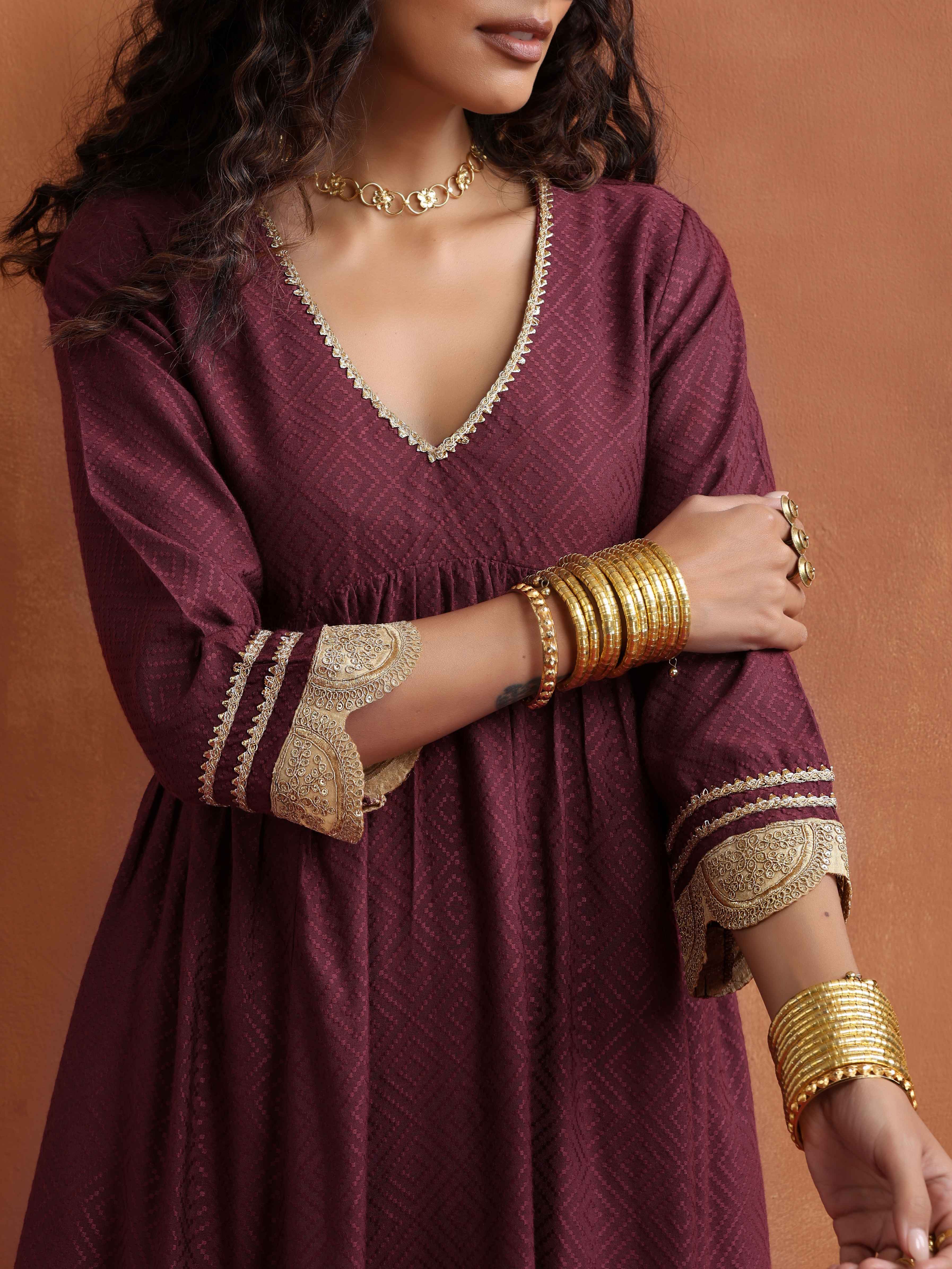 trueBrowns Maroon Flared Anarkali Kurta Set | Grocsy
