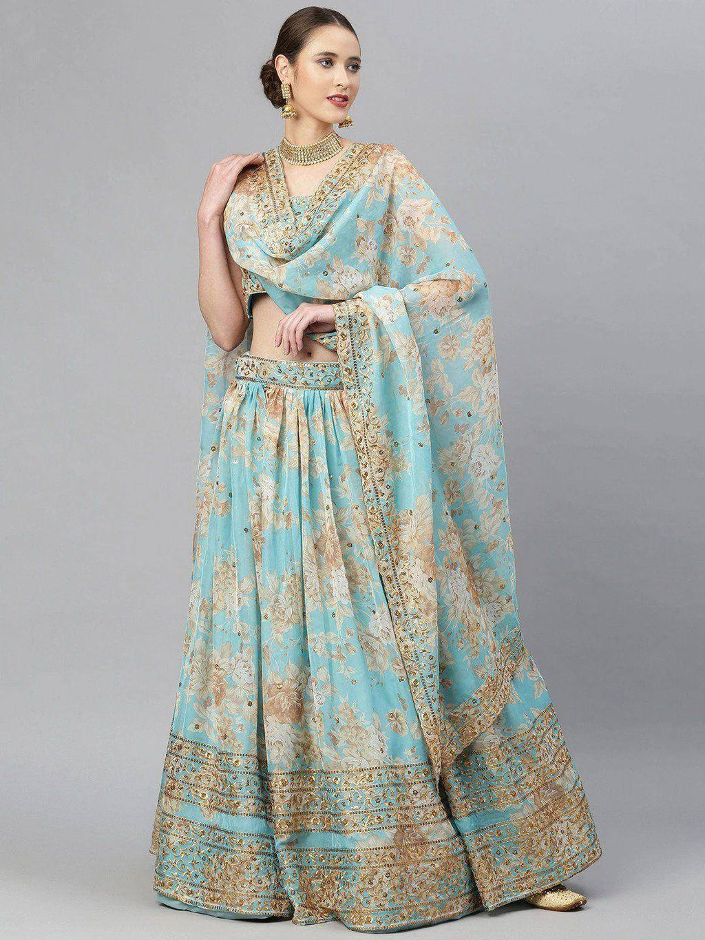 Tulsi Art Blue & Peach-Coloured Embellished Sequin Myntra Lehenga & Unstitched Blouse | Grocsy