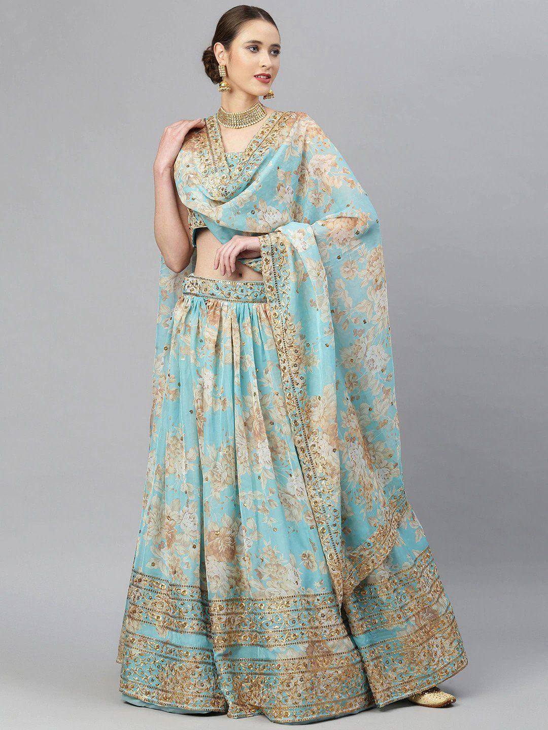 Tulsi Art Blue & Peach-Coloured Embellished Sequin Myntra Lehenga & Unstitched Blouse | Grocsy