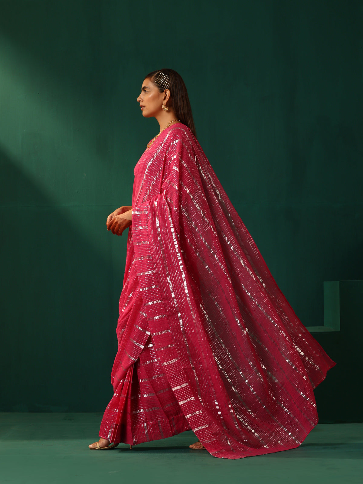 trueBrowns Rani Pink Cotton Silver Lurex Striped Ready to Wear Saree | Grocsy