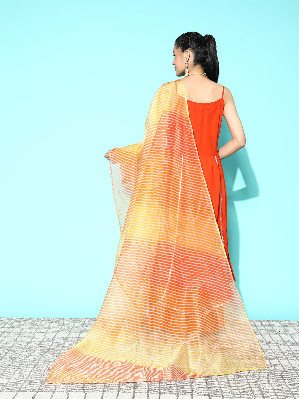 InWeave Women's Orange Red Gota Strappy Set With Orange Leh Dupatta | Grocsy