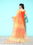 InWeave Women's Orange Red Gota Strappy Set With Orange Leh Dupatta | Grocsy