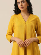 trueBrowns Mustard Yellow Slub Texture Neck Pleat Kurta Pant Set | Grocsy