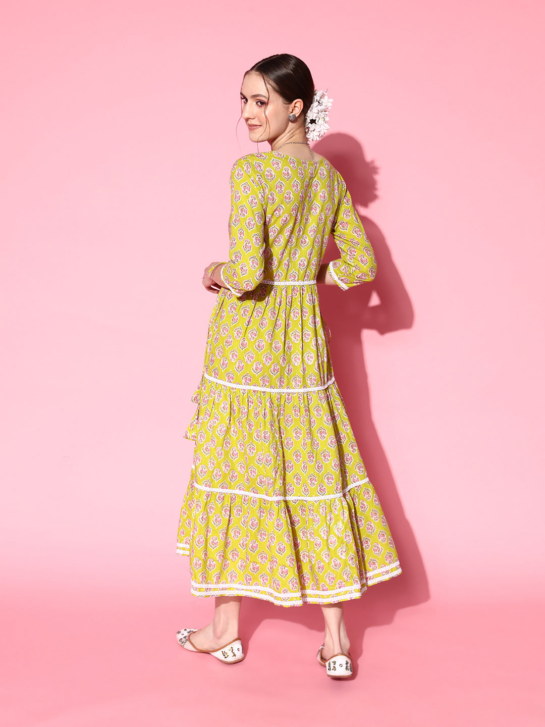 InWeave Women's Yellow Floral Print Tiered Dress With Lace | Grocsy